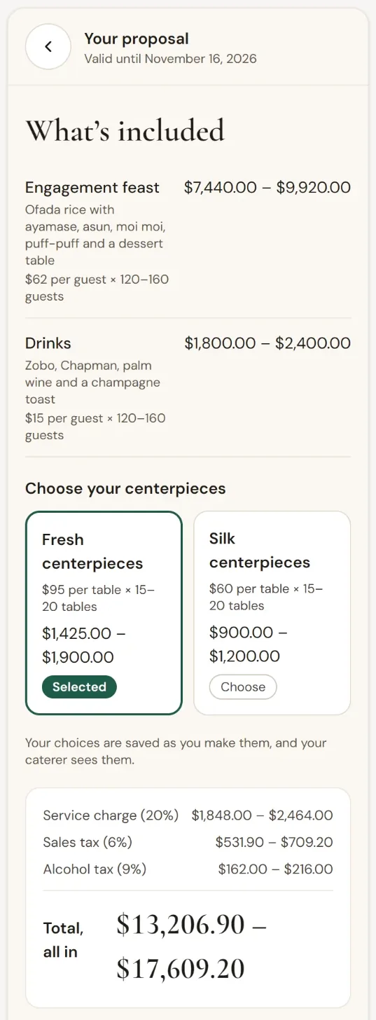 Kemi & Dayo's proposal on a phone: the engagement feast and drinks priced for 120–160 guests, a choice of fresh or silk centerpieces with fresh selected, the service charge and taxes, and a total of $13,206.90 to $17,609.20.